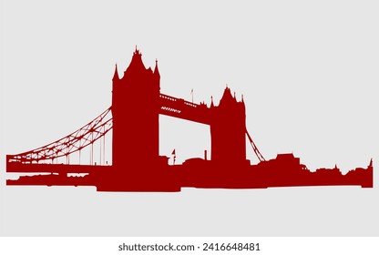 The London Tower bridge, Tower Bridge, London, England, UK. Hand Drawn Illustration. Vector vintage background. Line art. Silhouette Skyline London