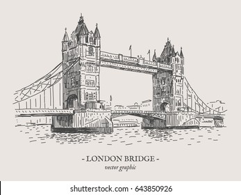 London Tower Bridge Retro Vector Drawing On Grey Background
