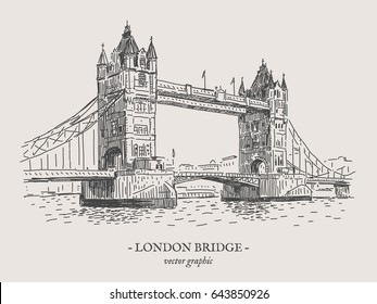 London Tower Bridge-Retro-Vektorgrafik auf grauem Hintergrund