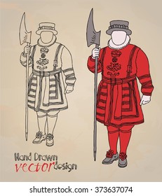 Beefeater Yeoman Warder Tower London Cartoon: เวกเตอร์สต็อก (ปลอดค่า