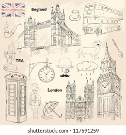 London travel collection with different british elements. Sketch icons of England