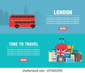 London travel concept design flat banners set. Time to travel. Travel icon. Safe journey. Vector illustration