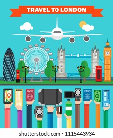 London travel design flat with plane.Vector illustration