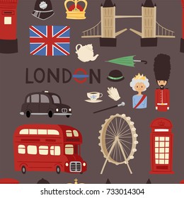 London travel icons english set city flag europe culture britain tourism england traditional vector seamless pattern background