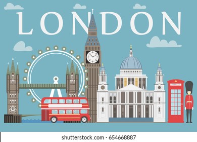 Gráfico informativo de viajes de Londres. Ilustración vectorial, Big Ben, ojo, torre puente y bus de dos pisos, Caja de la Policía, Catedral de St. Pauls, guardias de reinas, teléfono.