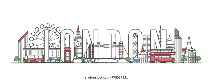 London travel lettering with famous architectural monuments in linear style. Worldwide traveling and time to travel concept. London city landmarks, global tourism and journey vector background.