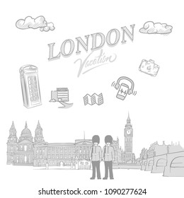 London travel marketing cover, set of hand drawn a vector sketches