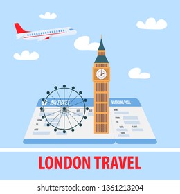 London Travel Poster, Banner Template with Text. Great Britain Trip. European Landmarks on Boarding Pass Vector Illustration. Big Ben, Flat Drawing. Sightseeing Tour. Airplane Ticket