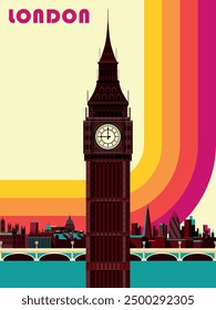 London travel poster design in trendy retro line style. Modern art poster retro vintage style 197070s stripes background template lines shapes vector design