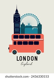London travel poster with landmarks and red bus	 svg