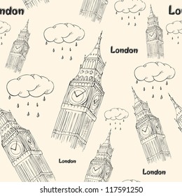 London travel seamless pattern with Big Ben and rain clouds