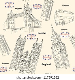 London travel seamless pattern with sights architecture elements