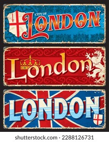 London travel stickers and plates. Vector flag and heraldry of Great Britain and England rusty metal signs with coat of arms of London, heraldic shields with cross, sword, lion and british royal crown