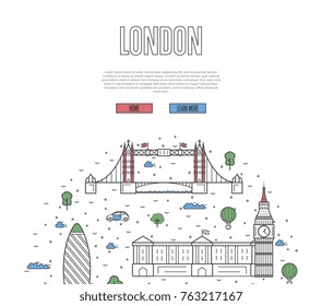 London travel tour poster with national architectural attractions. British famous landmarks and traditional symbols on white background. Touristic advertising vector layout in trendy linear style.
