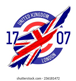 London t-shirt design. Tee templates with wing and United Kingdom flag colors and symbols. UK t-shirt vector graphics.