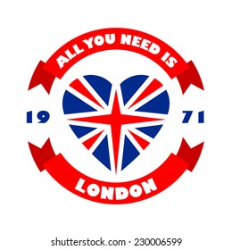 London t-shirt print. Vector tee typography design. Vintage label with heart in the colors of the UK flag