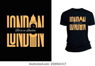 tipografia londrina t shirt design, tipografia motivacional t shirt design, inspirational quotes t-shirt design, preto e amarelo moderno Vintage Londres Nascimento T-Shirt