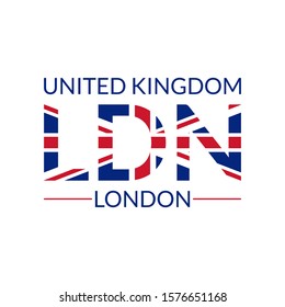 London typography text. LDN design with UK or British flag. T-Shirt, print, poster, graphic. Vector illustration.