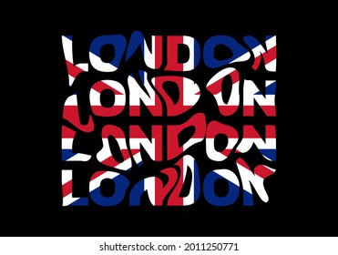 London typography text or slogan with wavy letters and UK flag. T-shirt graphic with ripple or glitch effect. Abstract print, banner, poster, emblem design. Vector illustration.