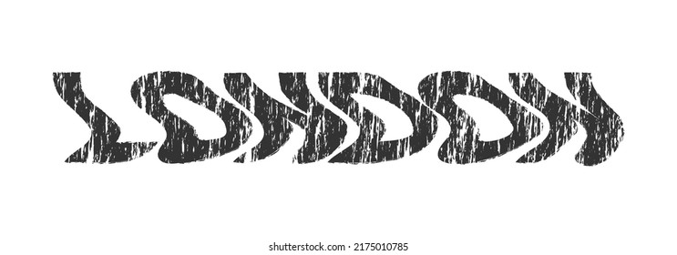 London typography text or slogan. Wavy letters with grunge, rough texture. T-shirt graphic with ripple or glitch effect. Abstract print, banner, poster, emblem design. Vector illustration.
