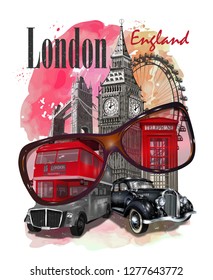 London typography for t-shirt print with Big Ben,retro car,bus and red phone booth.
