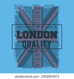  london typography with united kingdom flag . Denim t shirt graphics. Vectors