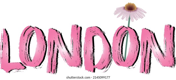 London typography vector design and  text fill with Lite pink color with flower illustration.