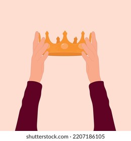 London uk 09 08 2022.Raised hands hold a crown. Coronation. Vector flat illustration. Vector flat illustration