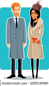 London, UK, 24 January, Meghan Markle And Prince Harry Vector Drawing Illustration