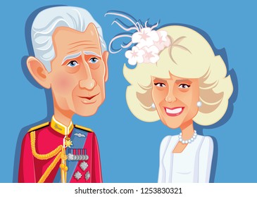 London, UK, 9 December 2018, Prince Charles And Camilla Parker Bowles Vector Caricature