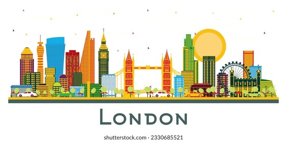 Esquina de la ciudad de Londres con edificios de color aislados en blanco. Ilustración vectorial. El paisaje urbano de Londres con monumentos.