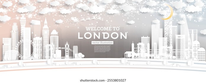 London UK City Skyline in Paper Cut Style with Snowflakes, Moon and Neon Garland. Vector Illustration. Christmas and New Year Concept. Santa Claus on Sleigh. London cityscape with landmarks.