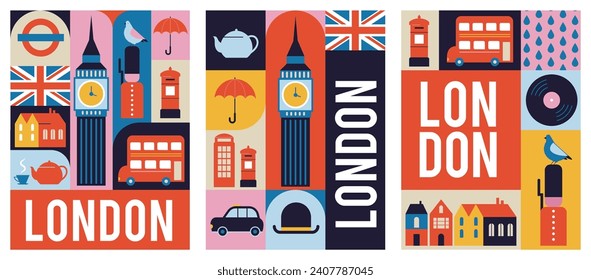 Londres, Reino Unido, Inglaterra diseño de pancartas geométricas. Colorida ilustración modular con edificios londinenses, paraguas, bus rojo, taxi, teléfono y más. Aprender el diseño de conceptos en inglés. Elementos del vector