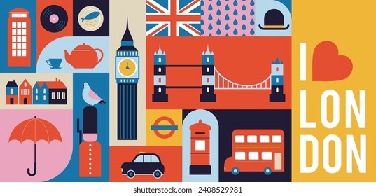 London, Uk, England geometrical banner design. Colorful modular illustration with London buildings, umbrella, red bus, cab, telephone and more. Learn English concept design. Vector elements