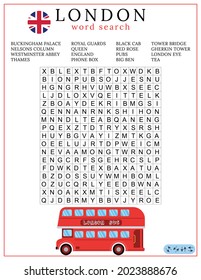 London, UK, July 23, 2021: Word Search Puzzle For Learning English. Crossword Game. Suitable For Social Media. Activity Worksheet. Double-decker Vector Illustration