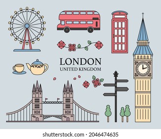 London, UK landmarks and symbols icons. outline simple vector illustration.