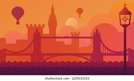 London uk landscape with castle and river vector. Great britain capital city medieval building, bridge tower and lamp on thames embankment. Touristic scene flat cartoon illustration