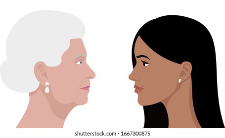 London, UK - March 2020: Editorial Vector Flat Portrait Of Queen Elizabeth II And Meghan Markle, Duchess Of Sussex