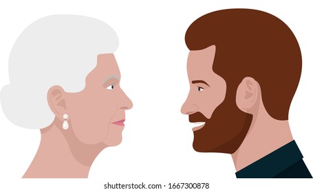 London, UK - March 2020: Editorial Vector Flat Portrait Of Queen Elizabeth II And Her Grandson, Prince Harry, Duke Of Sussex
