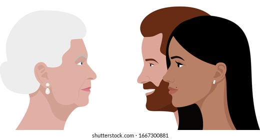 London, UK - March 2020: Editorial Vector Flat Portrait Of Queen Elizabeth II, Prince Harry And Meghan Markle, The Duke And Duchess Of Sussex