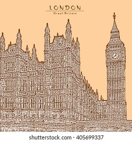 London - UK. Palace of Westminster and Big Ben. Vector illustration in engraving style. Beige color.
Result of Auto-Trace.