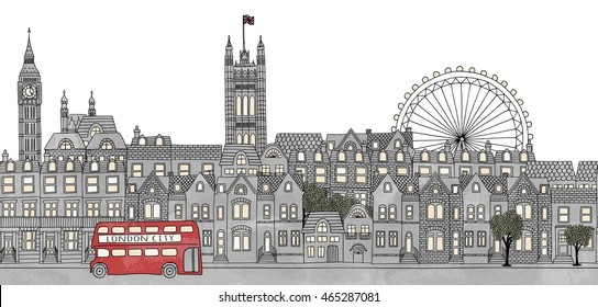 London, UK - seamless banner of the city's skyline, hand drawn and digitally colored ink illustration