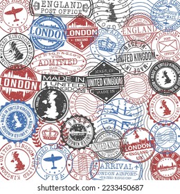 London, UK Set of Stamps. Travel Stamp. Made In Product. Design Seals Old Style Insignia.