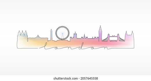 London, UK Skyline Watercolor City Illustration. Famous Buildings Silhouette Hand Drawn Doodle Art. Vector Landmark Sketch Drawing.