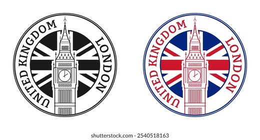 Sello o sello de Londres, Reino Unido con signo del Big Ben, icono y bandera británica. Ilustración vectorial.