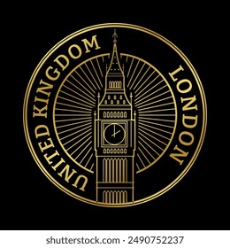 London, UK stamp or seal. Golden badge or label with Big Ben sign. Vector illustration.