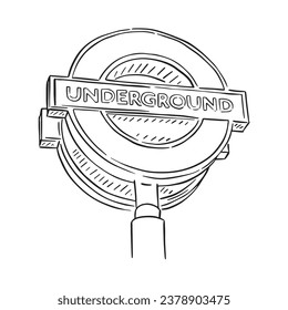 London Underground Sign hand drawn in black and white line drawing. 