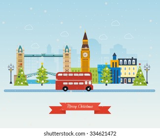 London, United Kingdom, Big Ben tower flat icons design travel concept. Cute invitation card with winter city life and space for text. Merry Christmas greeting card design. Vector illustration.