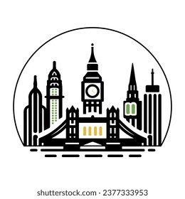 London, United Kingdom, boasts iconic buildings like London Bridge, epitomizing European architecture. Sleek, high-resolution vector logo with minimal modern design in EPS format, perfect for printing svg
