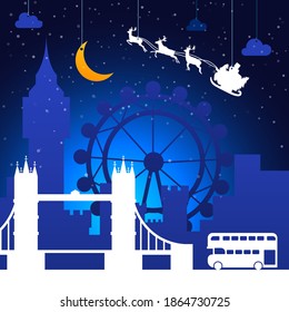 London, The United Kingdom. Christmas holiday background. Winter snowy landscape with Santa and sleigh. Flat well known silhouettes.